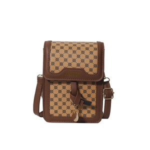 Petit sac carré vintage pour téléphone avec bordure en cuir marron et motif trèfle tissé