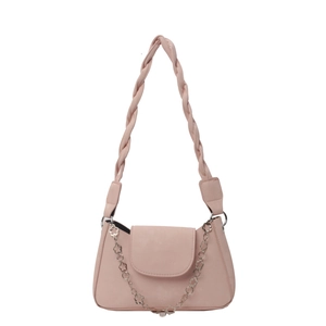 Pale pink shoulder bag with braided strap and silver floral chain decoration