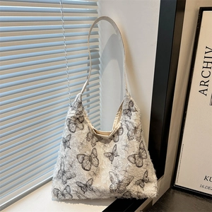 Women Large Capacity Nylon Shoulder Bag With Butterfly Pattern Korean Style Lace Stitching Literary Casual Tote Bag For Daily