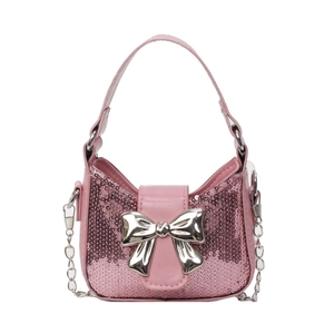 Sac bandoulière rose à paillettes avec nœud argenté et chaîne métallique pour femme