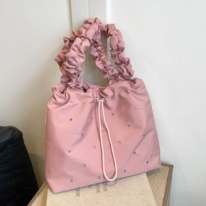 Women Large Capacity Nylon Shoulder Bag With Ruched Handle Drawstring Waterproof Rhinestone Studded Tote Hobo Bag Casual Daily