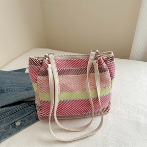 Sac Cabas Tissé à Rayures Colorées Femmes Décontracté Tricoté Sac à Épaule Couleurs Contrastées Vacances Plage Grande Capacité