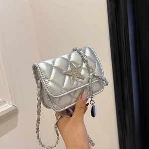 Fashion Women Mini Rhombus Quilted Chain Shoulder Bag Rhinestone Star PU Leather Casual Small Square Crossbody Bag Jewelry