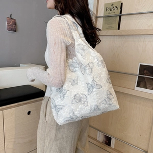White butterfly embroidered tote bag for women with large capacity and minimalist design