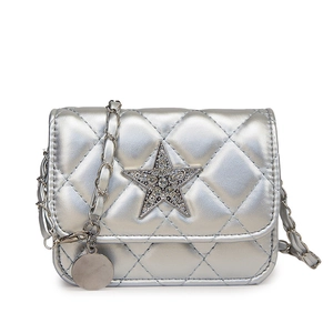 Silver quilted crossbody bag with rhinestone star detail and metal chain strap