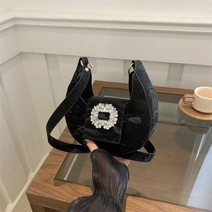 Women Fashion PU Leather Rhinestone Buckle Hobo Bag Pleated Crescent Shoulder Bag Underarm Bag For Daily Party Travel
