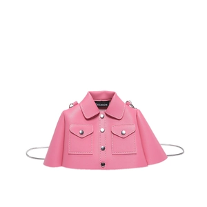Pink jacket-shaped mini crossbody bag with silver chain strap and decorative stitching