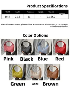 Detailed size guide and color options for the minimalist PU leather candy-colored handbag