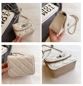 Detailed four-way view of white quilted crossbody bag with silver chain strap and metal ball