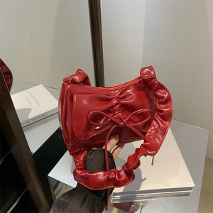 Fashion Women Bow Knot Shoulder Bag Vintage PU Leather Ruched Underarm Bag Sweet Minimalist Glossy Satchel Purse For Daily