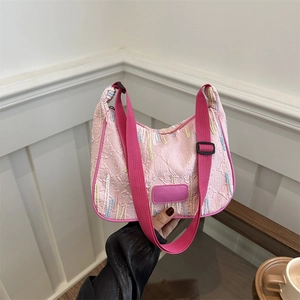 Women Large Capacity Nylon Embroidery Shoulder Bag Urban Minimalist Crescent Hobo Underarm Crossbody Bag For Casual Daily