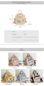 Vista dettagliata del mini zaino in nylon con tasca trasparente e cinque varianti di colore