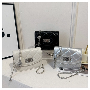 Chic quilted flap square bags in black, white, and silver with metal chain straps