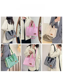 Collage of striped canvas tote bags showing handheld, shoulder, and crossbody carry styles