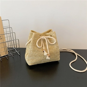 Women Straw Woven Bucket Bag Summer Minimalist Casual Small Fresh Drawstring Shoulder Crossbody Bag With Beaded Rope Strap
