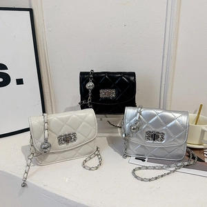 Quilted crossbody chain bag with elegant metal ball charm and rectangular lock in three colors