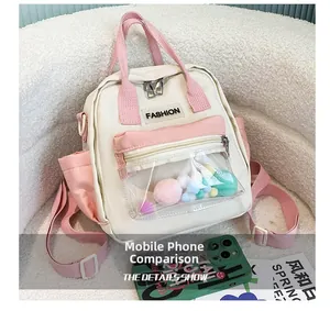 Dettaglio della tasca in PVC rosa con pompon e cerniere metalliche sullo zaino di nylon