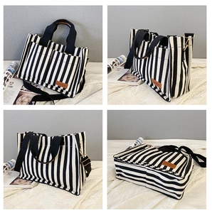 Detailed views of striped canvas tote bag showing front pockets and leather fashion logo