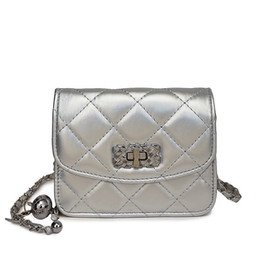 Silver quilted crossbody bag with metallic chain strap and ball pendant on white background
