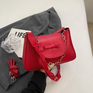 Women Elegant Bow PU Leather Underarm Bag Silver Flower Chain Versatile Shoulder Crossbody Handbag Casual Chic Solid Color Purse