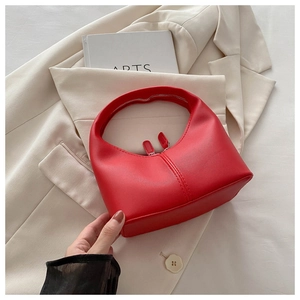 Detail of red crescent hobo handbag with dual zippers on beige blazer and white arts book