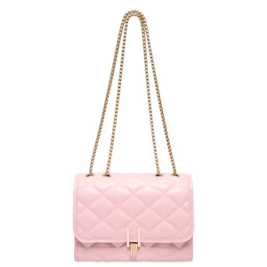 Elegant pink quilted chain shoulder bag with gold rectangular clasp and glossy finish