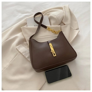 Detail view of dark brown crescent underarm bag with gold buckle and metal chain strap