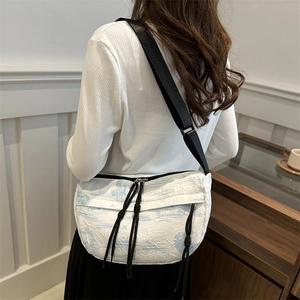 Japanese style tie-dye nylon crossbody bag with ink landscape print and pleated texture