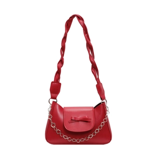 Elegant red shoulder bag with bow detail and floral silver chain for summer 2024 fashion