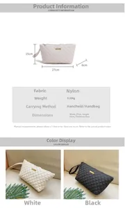 Detailed view of quilted nylon clutch bag showing dimensions and metallic zipper closure