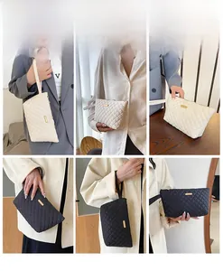 Detail shots of quilted rhombus clutch bags in black and beige with metal zipper and strap