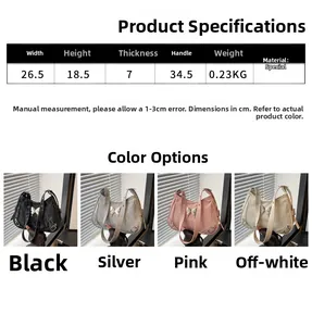 Tableau des tailles détaillé pour sacs à bandoulière en noir, argent, rose et beige