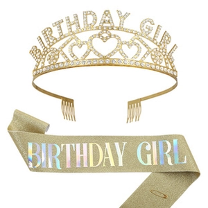 Detail of gold glitter Birthday Girl sash and sparkling rhinestone tiara set