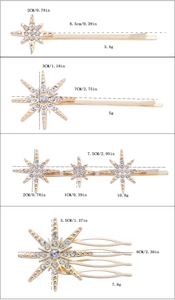 Detailed size specifications for gold star rhinestone hair clips and comb set