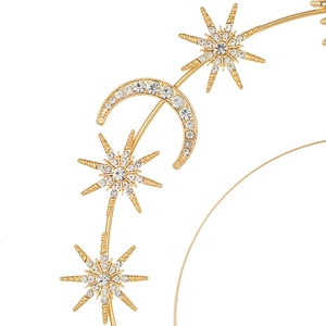 Baroque sun goddess double headband with gold stars and moon crystals on white background