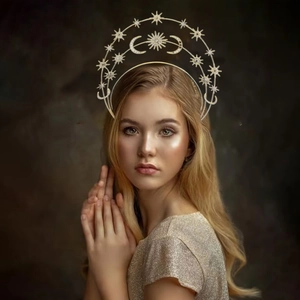 Bohemian gold celestial crown headband with rhinestone stars and moon on model