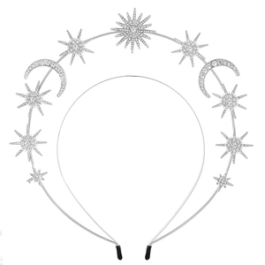 Baroque celestial headband with silver stars and crescent moons featuring crystal rhinestones