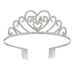 Close-up of silver graduation tiara with GRAD lettering and sparkling rhinestones