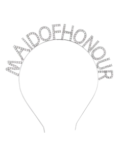 Detailed view of silver rhinestone Maid of Honour headband for bridesmaids and weddings