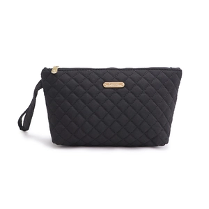Chic black quilted makeup bag with diamond stitching and gold metal brand plate detail