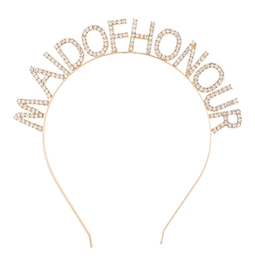 Detail of gold rhinestone MAID OF HONOUR headband for weddings and bridal parties