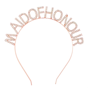 Detailed view of rose gold Maid of Honour headband with sparkling crystal lettering