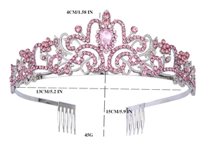 Pink rhinestone tiara with detailed dimensions showing 4cm height and 13cm width