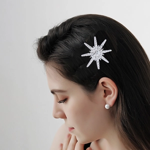 Detailansicht einer silbernen Haarspange mit funkelnden Strasssteinen an einem Modell