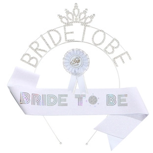 Close-up of Bride to Be bridal shower kit including rhinestone tiara and satin sash