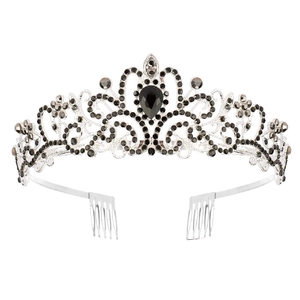Macro detail of gothic black crystal bridal crown with vintage silver alloy frame and combs