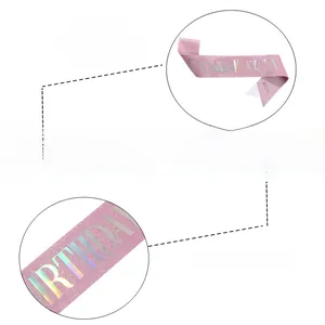 Pink glitter sash with Birthday Queen lettering and textured fabric detail views