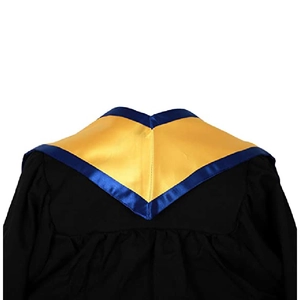 Back view of black graduation gown with golden and royal blue satin academic honor stole