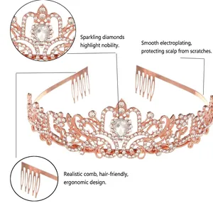 Rose gold bridal crystal crown tiara with sparkling rhinestones and hair combs
