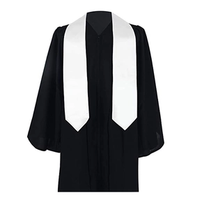 Detail of white graduation honor stole over black gown made of smooth polyester fabric